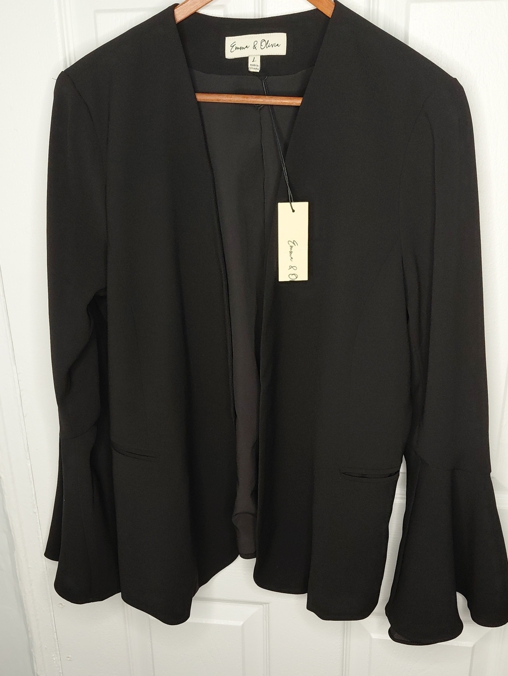 Evan & Olivia Black Open-Front Blazer with Flared Sleeves